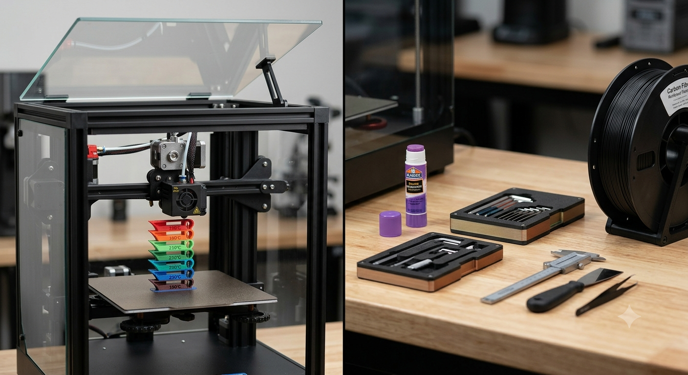 3D printer repair and optimization setup showing temperature tower calibration and toolkits at UNBRAND3D in Columbia SC